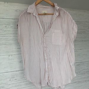 Pink striped, button-up T-shirt
